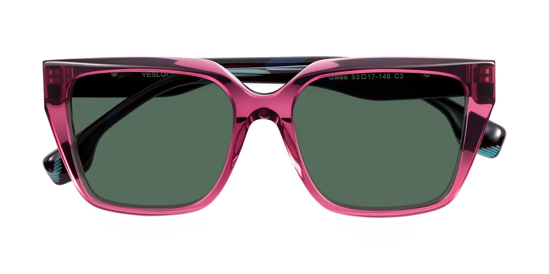 Folded Front of Gwee in Amethyst /Light Blue Striped with Green Polarized Lenses