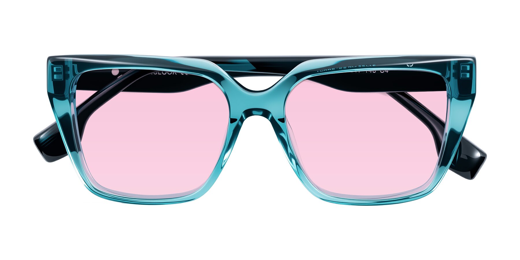 Folded Front of Gwee in Blue/Teal Striped with Light Pink Tinted Lenses