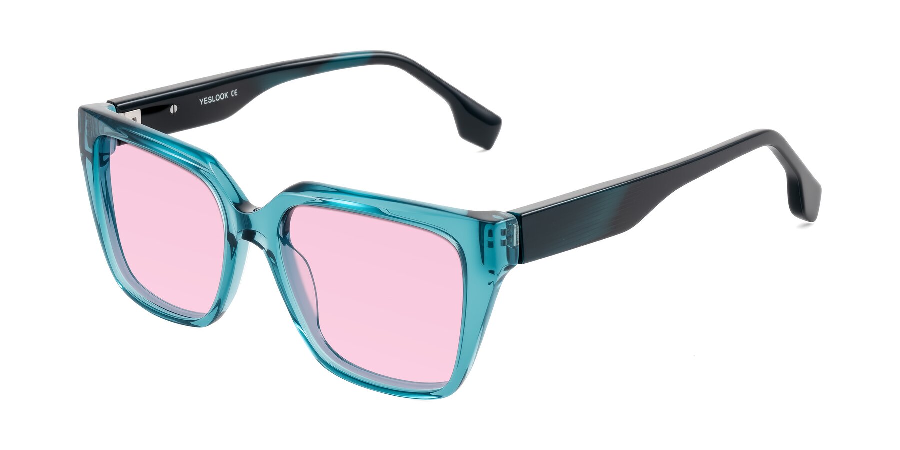 Angle of Gwee in Blue/Teal Striped with Light Pink Tinted Lenses