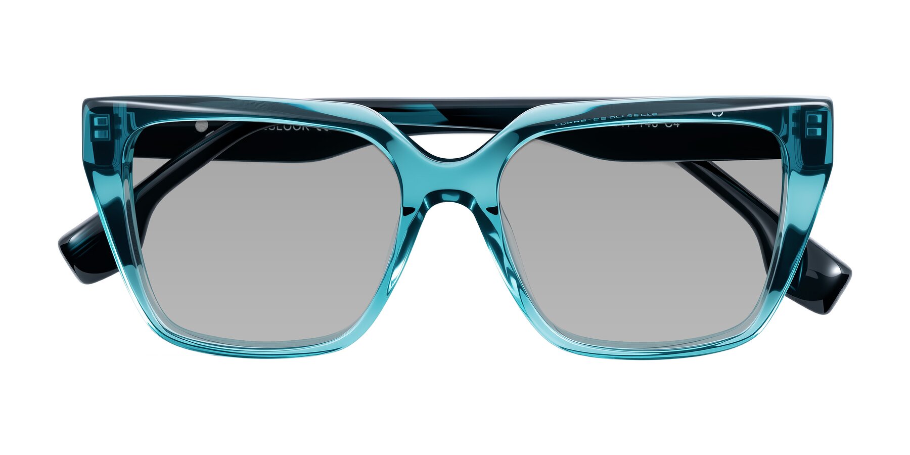 Folded Front of Gwee in Blue/Teal Striped with Light Gray Tinted Lenses