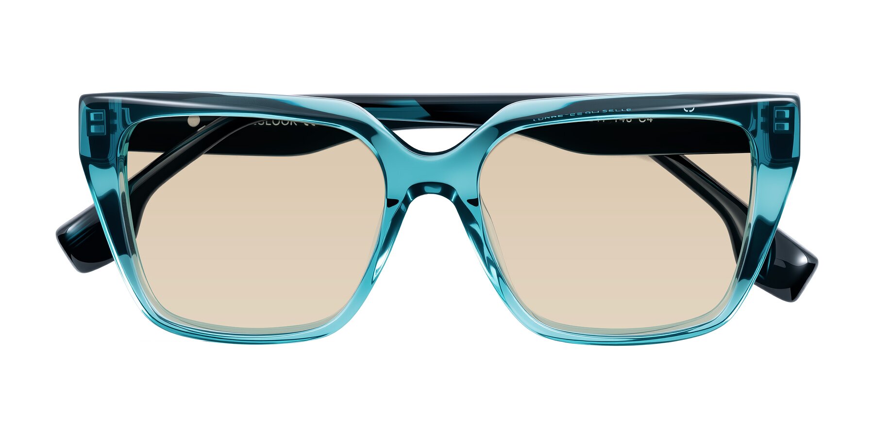 Folded Front of Gwee in Blue/Teal Striped with Light Brown Tinted Lenses