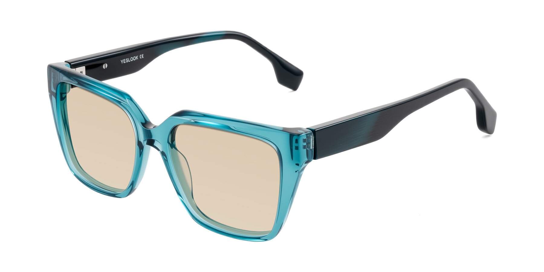 Angle of Gwee in Blue/Teal Striped with Light Brown Tinted Lenses