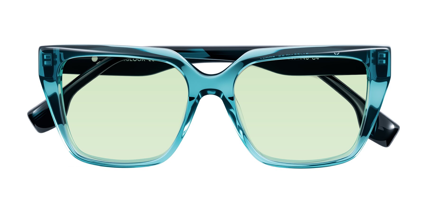 Folded Front of Gwee in Blue/Teal Striped with Light Green Tinted Lenses
