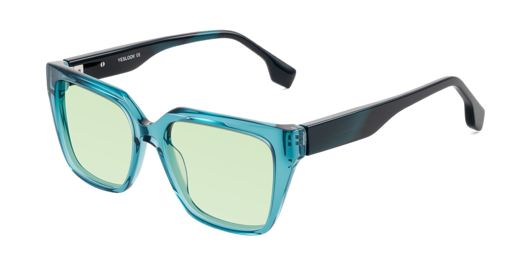 Angle of Gwee in Blue/Teal Striped with Light Green Tinted Lenses