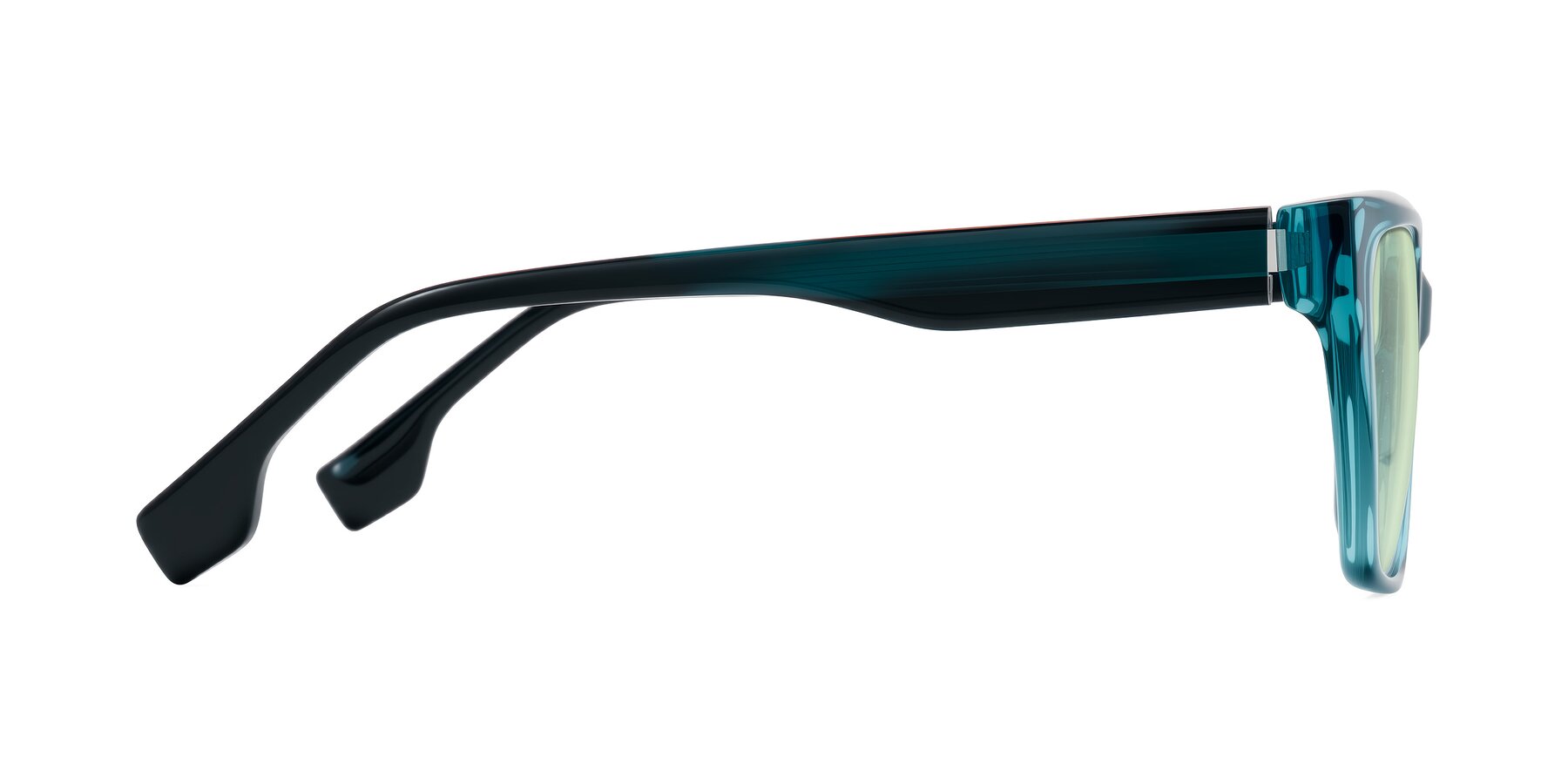 Side of Gwee in Blue/Teal Striped with Light Green Tinted Lenses