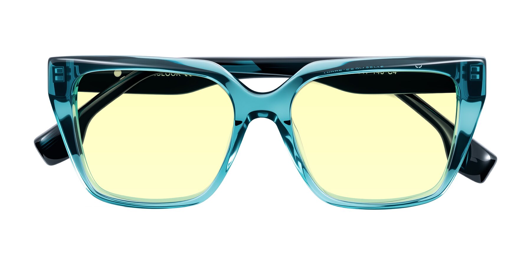 Folded Front of Gwee in Blue/Teal Striped with Light Yellow Tinted Lenses