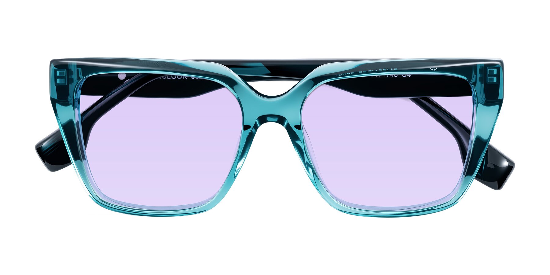 Folded Front of Gwee in Blue/Teal Striped with Light Purple Tinted Lenses