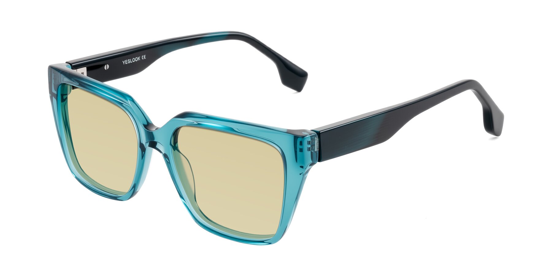 Angle of Gwee in Blue/Teal Striped with Light Champagne Tinted Lenses