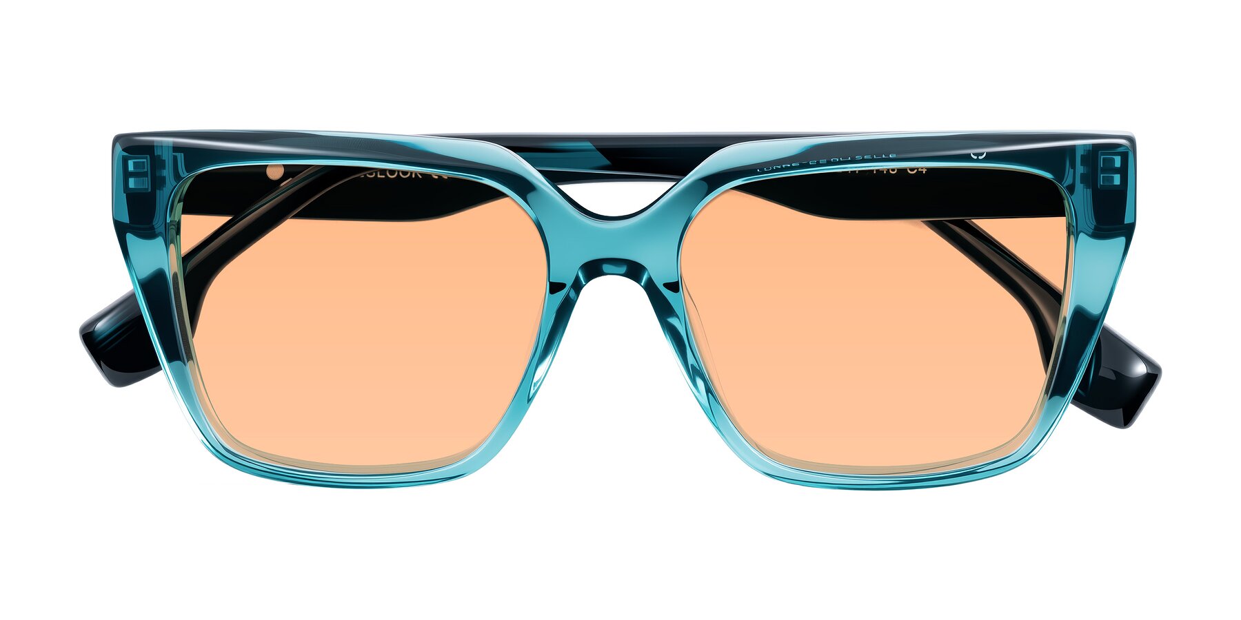 Folded Front of Gwee in Blue/Teal Striped with Light Orange Tinted Lenses