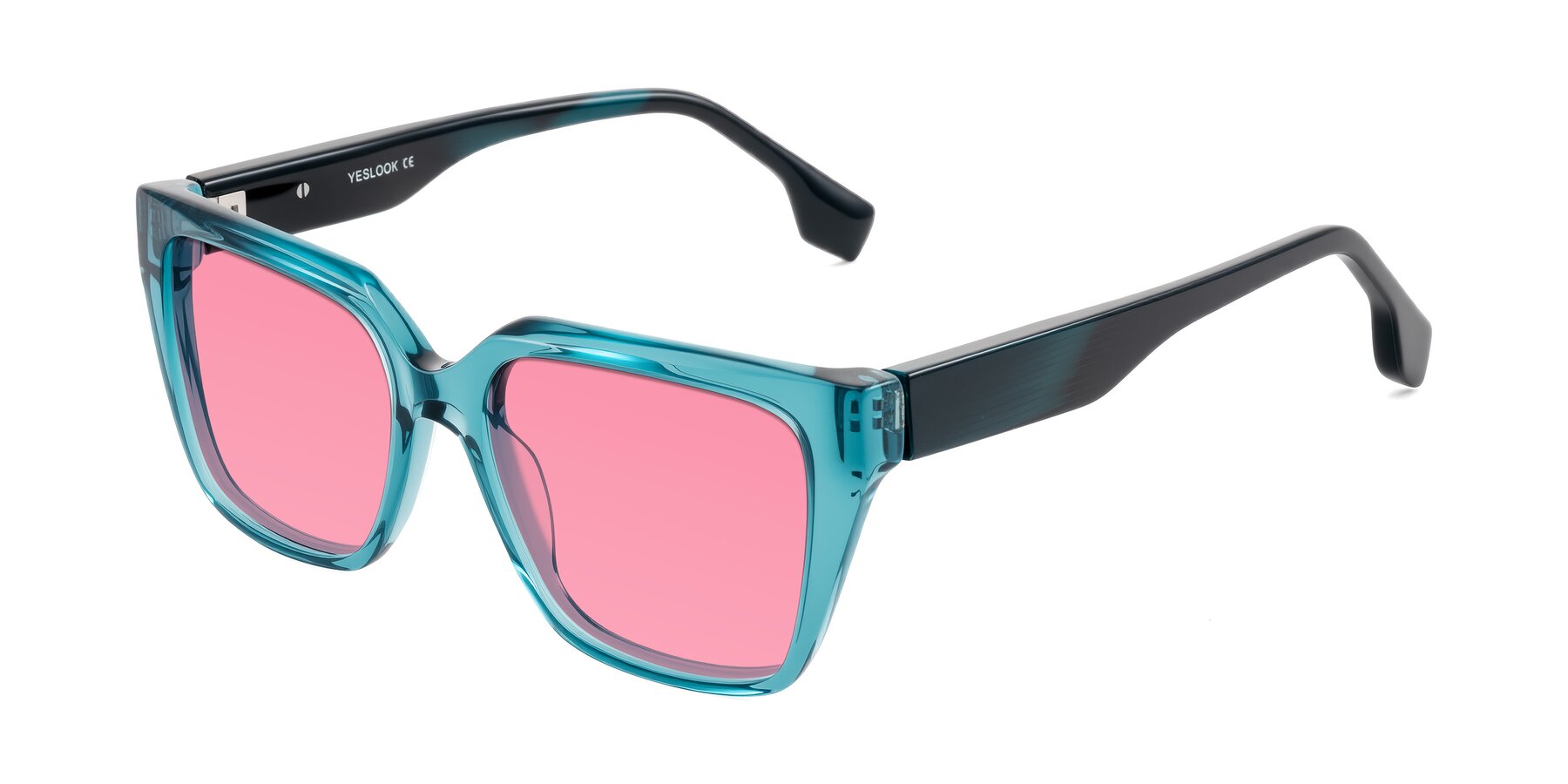 Angle of Gwee in Blue/Teal Striped with Pink Tinted Lenses