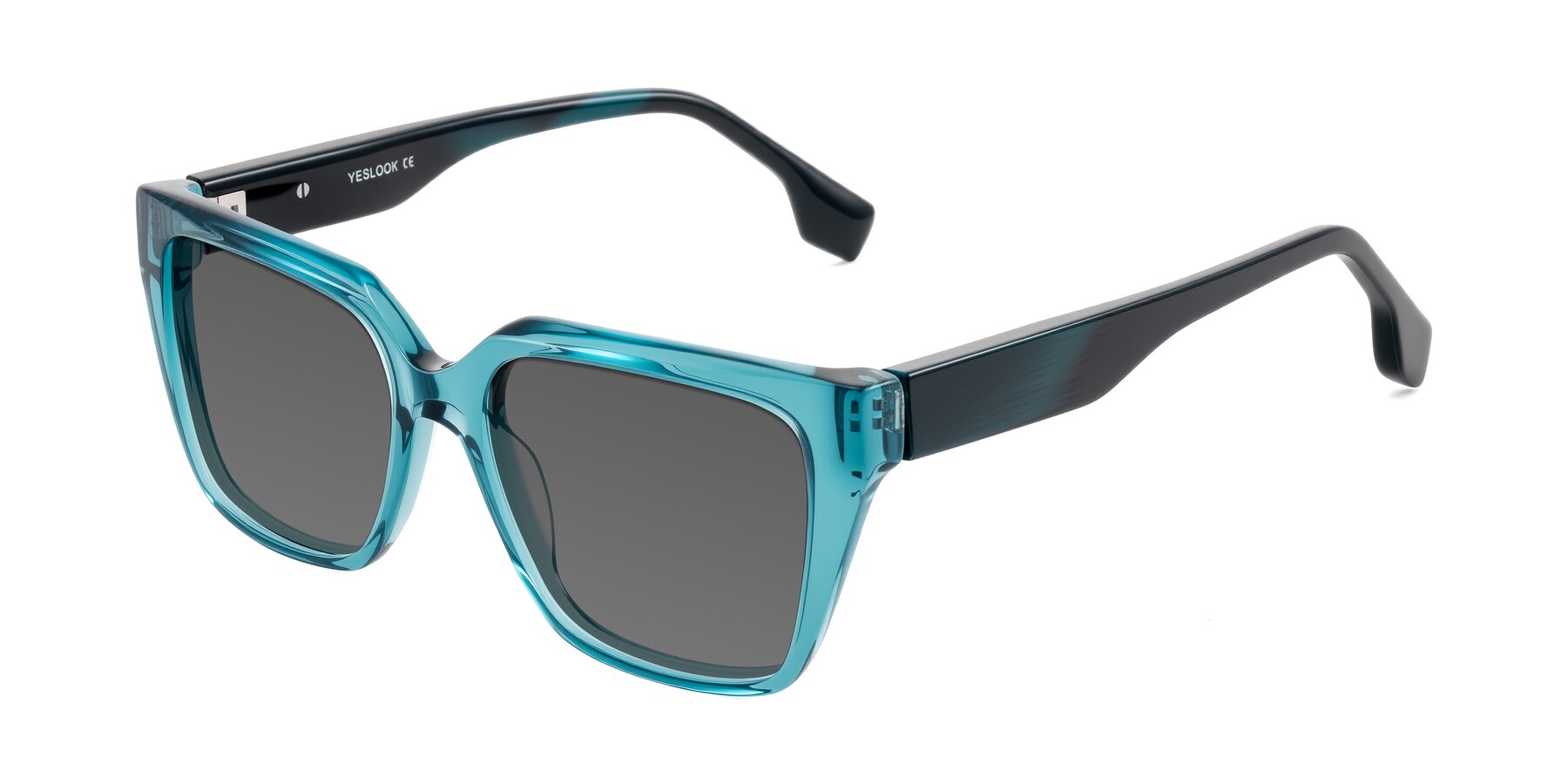 Angle of Gwee in Blue/Teal Striped with Medium Gray Tinted Lenses