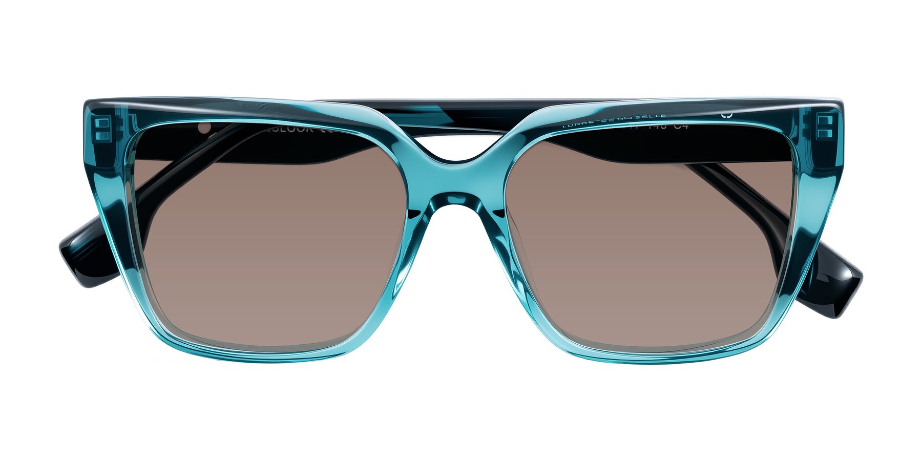 Folded Front of Gwee in Blue/Teal Striped with Medium Brown Tinted Lenses