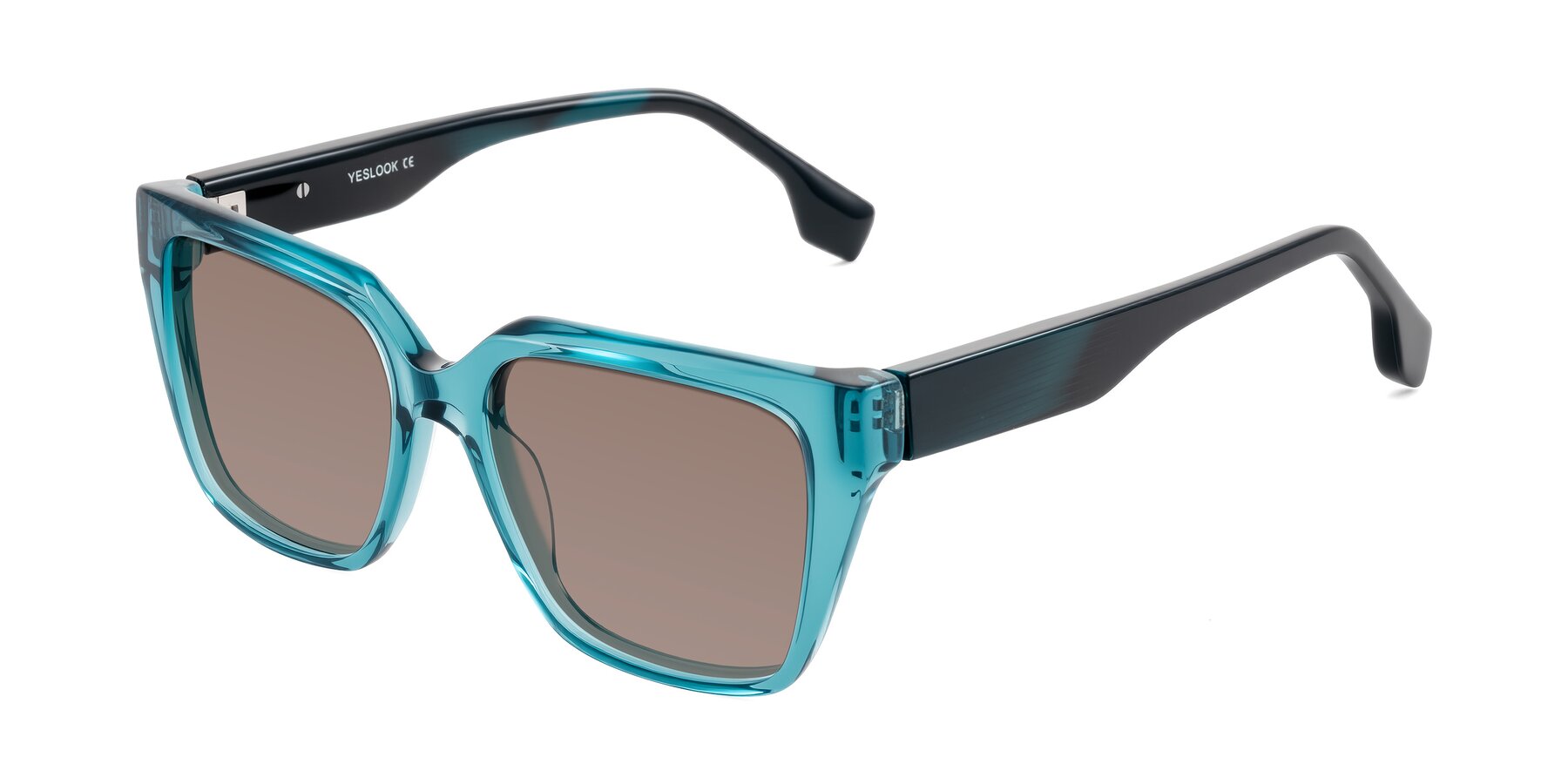 Angle of Gwee in Blue/Teal Striped with Medium Brown Tinted Lenses