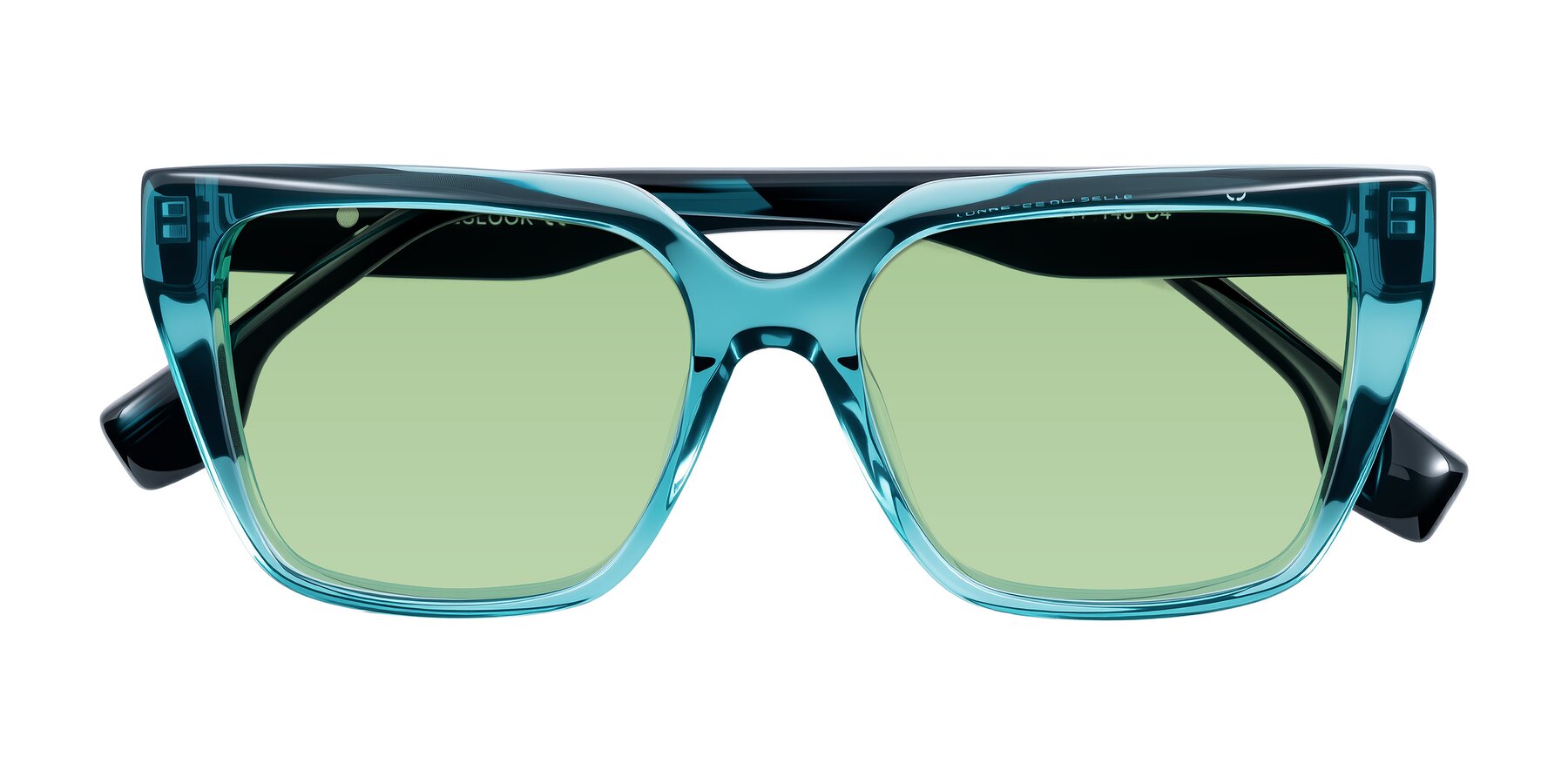 Folded Front of Gwee in Blue/Teal Striped with Medium Green Tinted Lenses