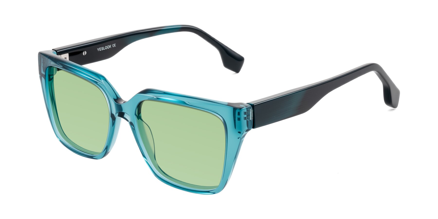 Angle of Gwee in Blue/Teal Striped with Medium Green Tinted Lenses
