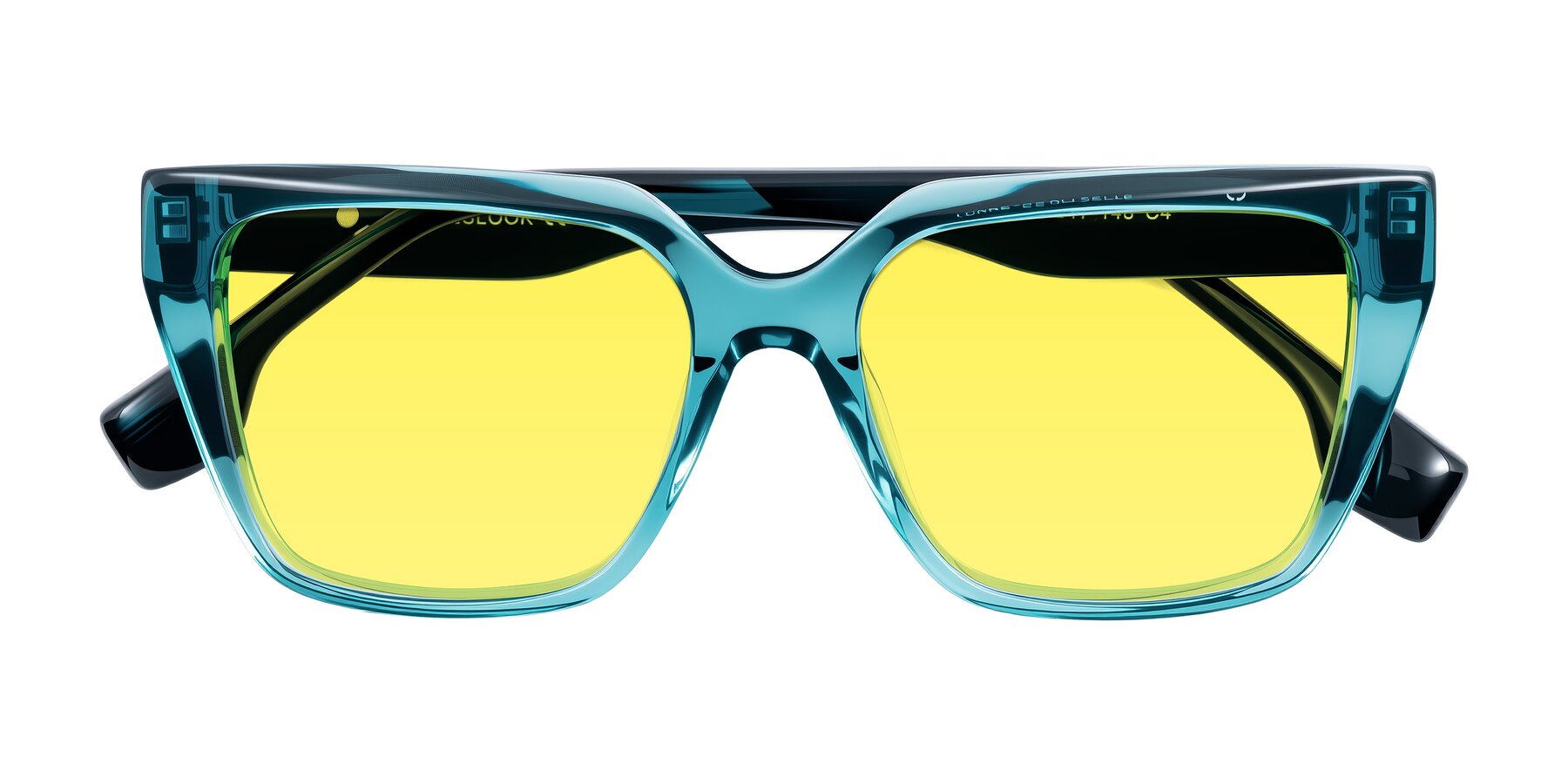 Folded Front of Gwee in Blue/Teal Striped with Medium Yellow Tinted Lenses