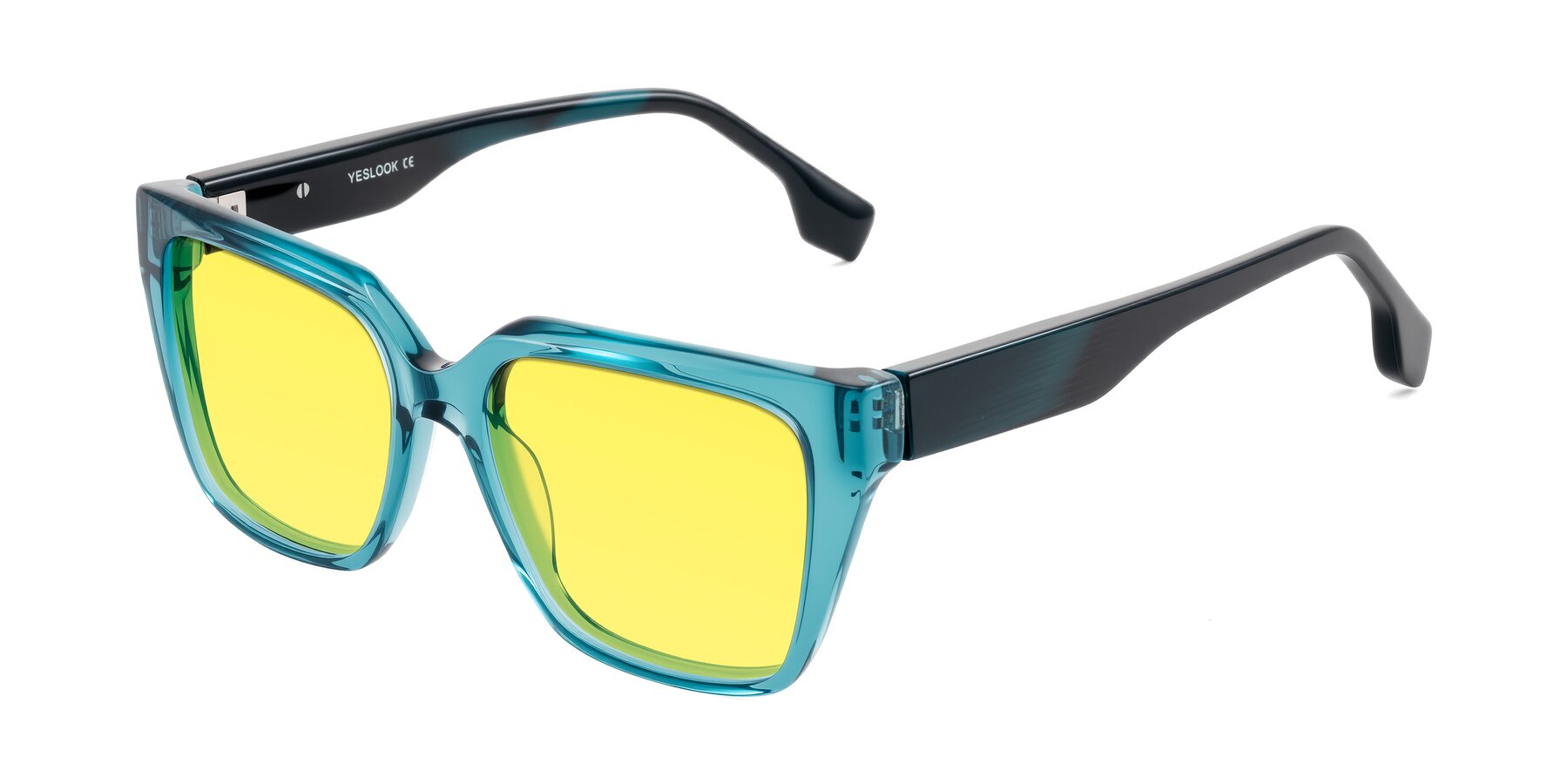 Angle of Gwee in Blue/Teal Striped with Medium Yellow Tinted Lenses