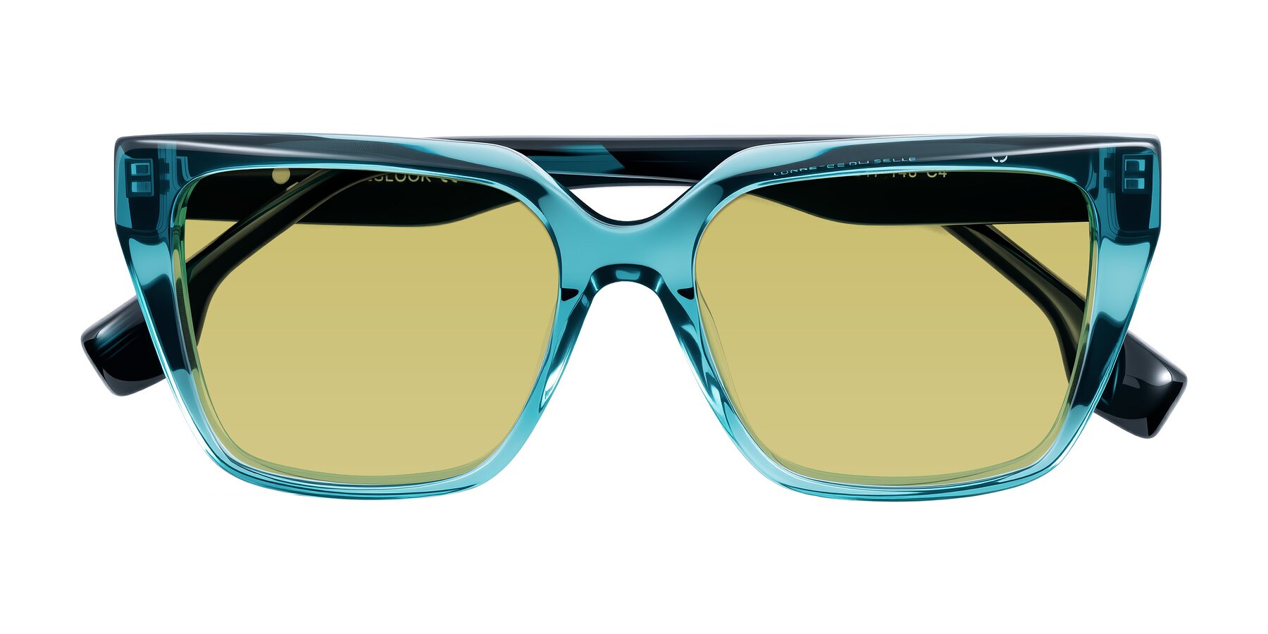 Folded Front of Gwee in Blue/Teal Striped with Medium Champagne Tinted Lenses