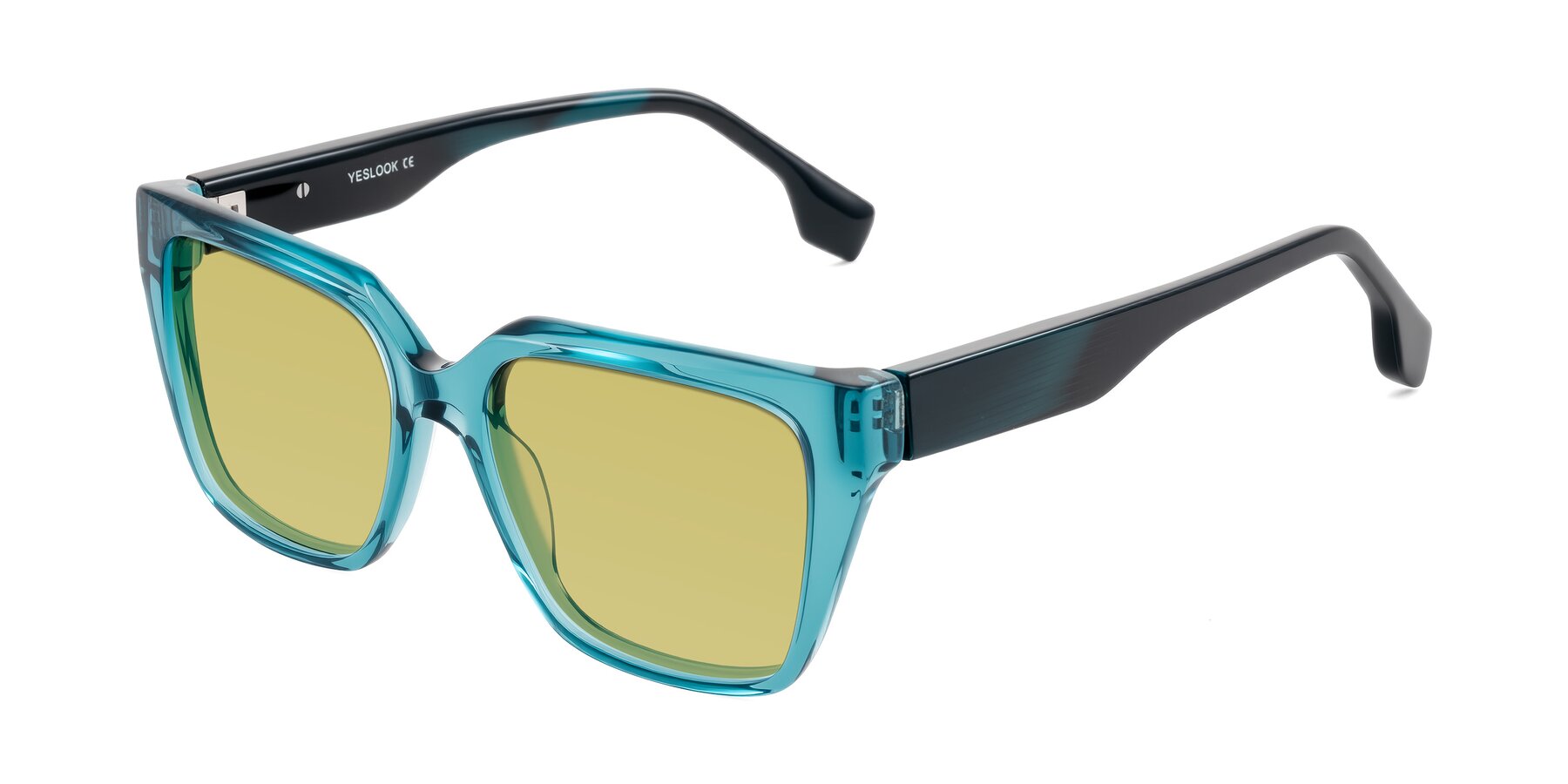 Angle of Gwee in Blue/Teal Striped with Medium Champagne Tinted Lenses