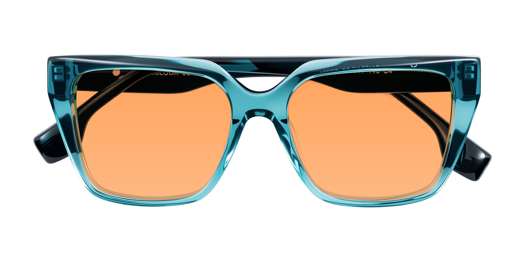 Folded Front of Gwee in Blue/Teal Striped with Medium Orange Tinted Lenses