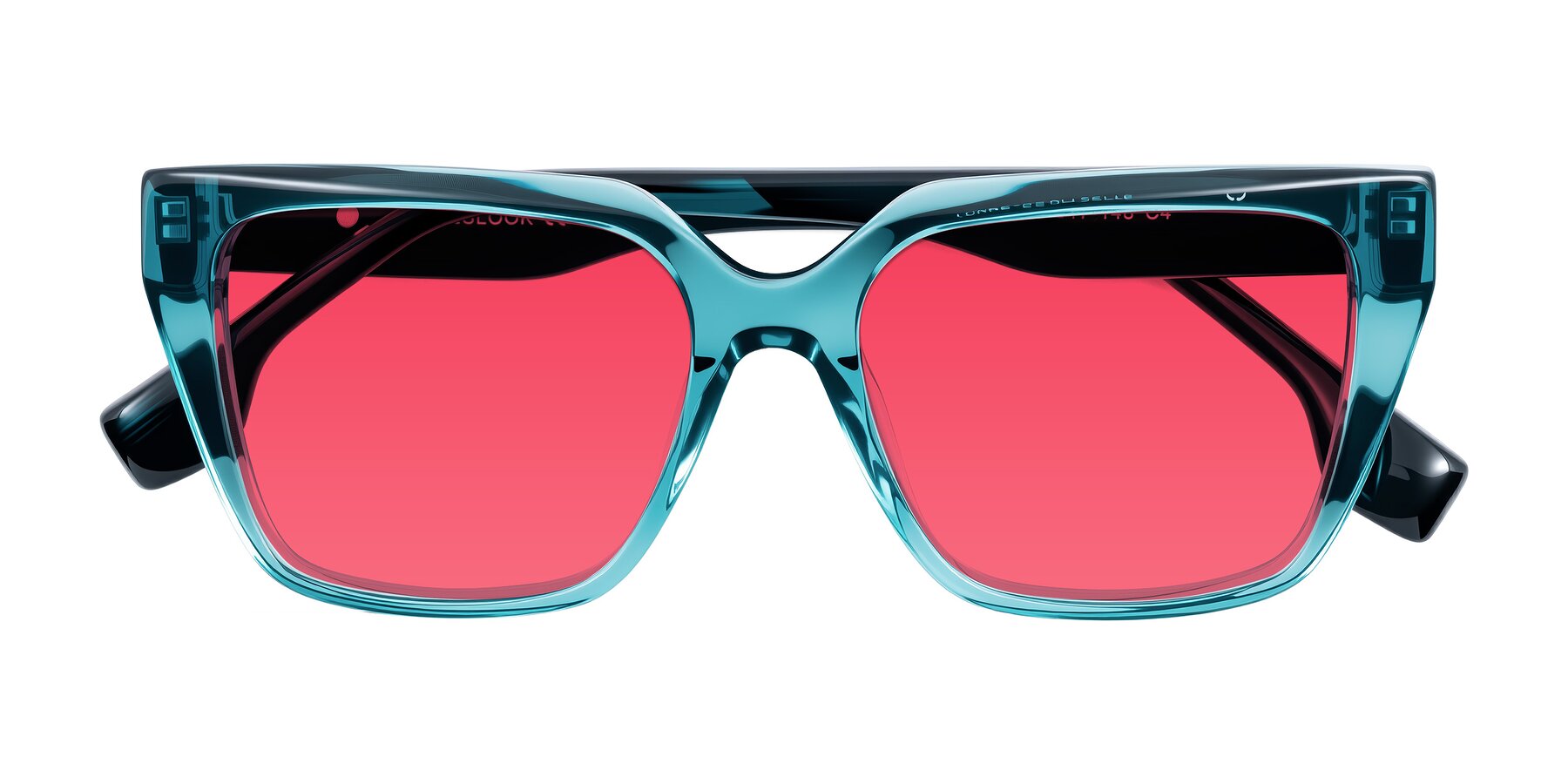 Folded Front of Gwee in Blue/Teal Striped with Red Tinted Lenses