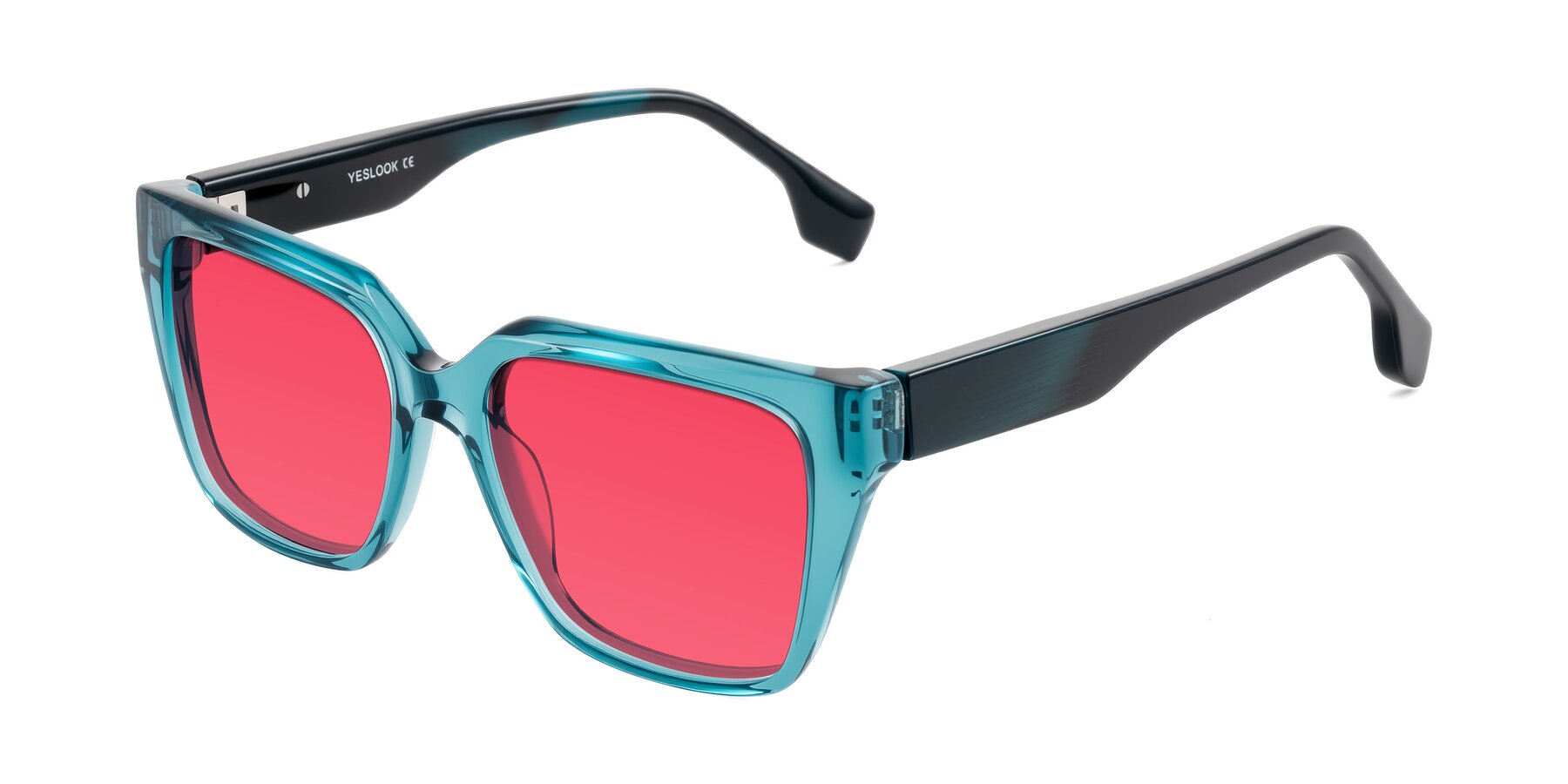 Angle of Gwee in Blue/Teal Striped with Red Tinted Lenses