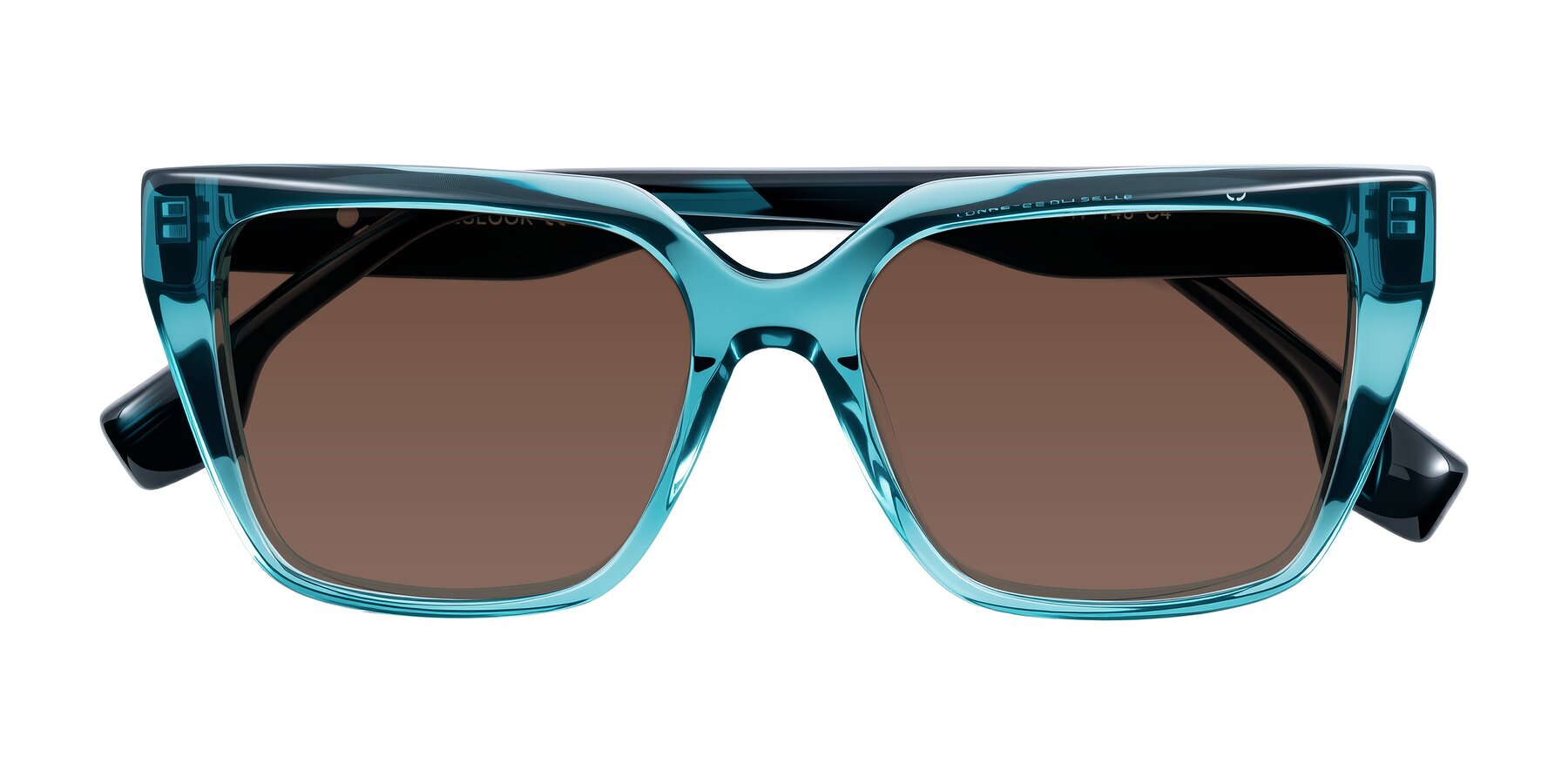 Folded Front of Gwee in Blue/Teal Striped with Brown Tinted Lenses