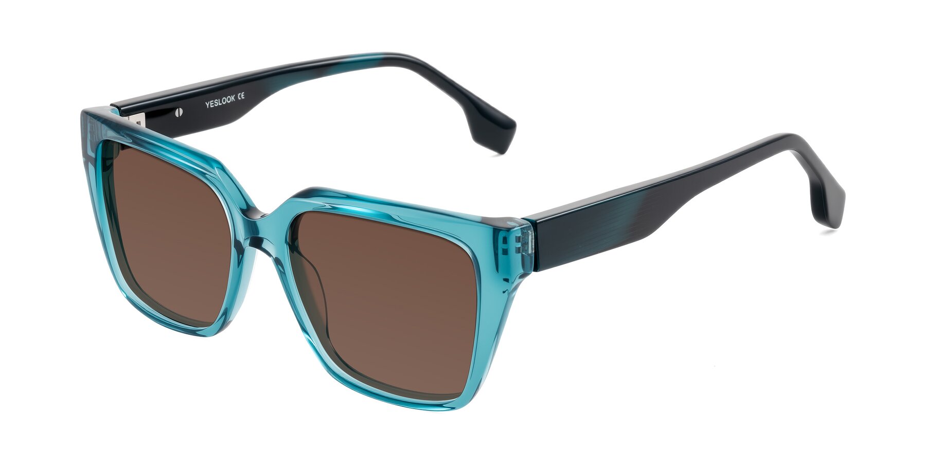 Angle of Gwee in Blue/Teal Striped with Brown Tinted Lenses