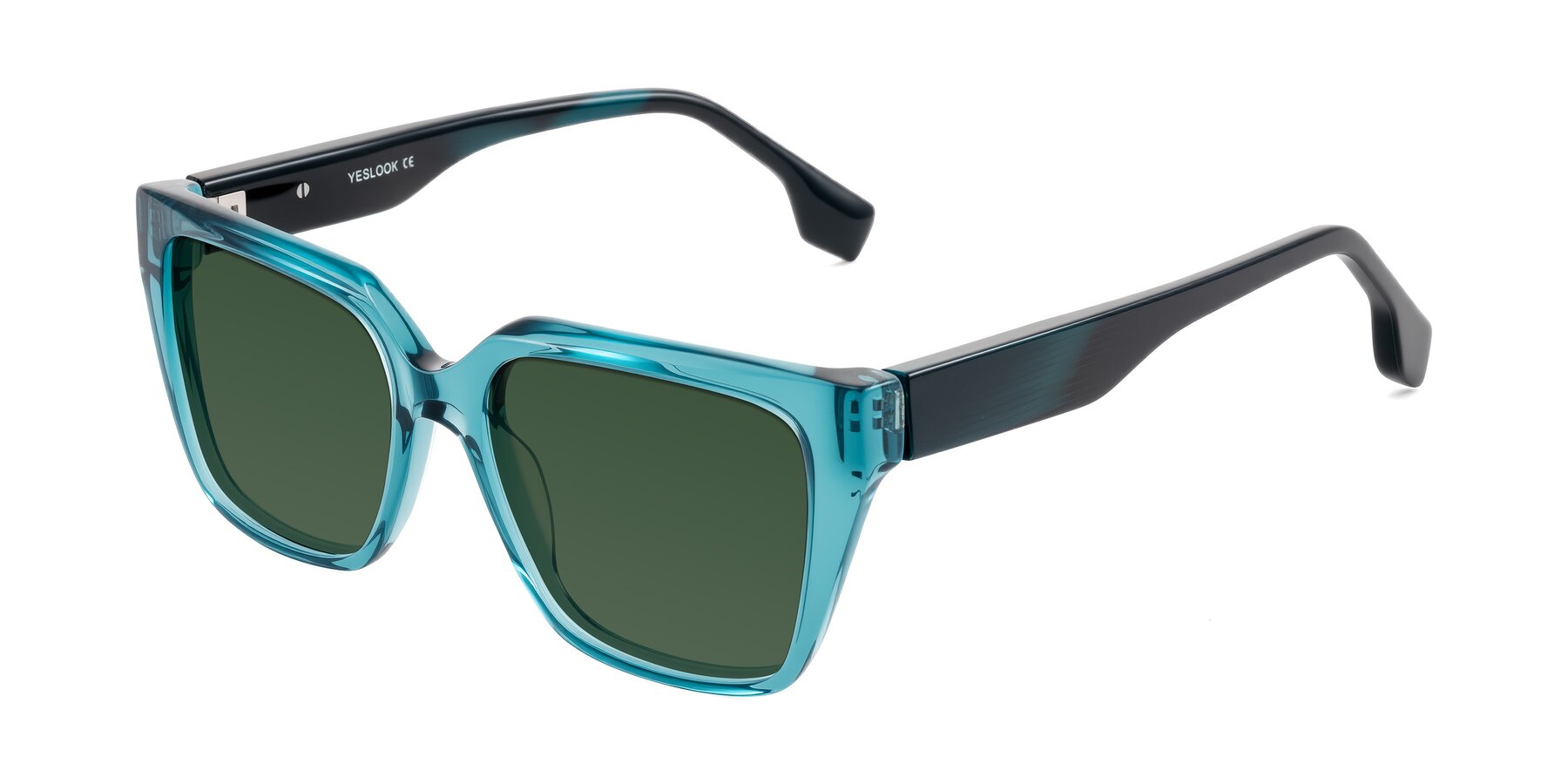 Angle of Gwee in Blue/Teal Striped with Green Tinted Lenses
