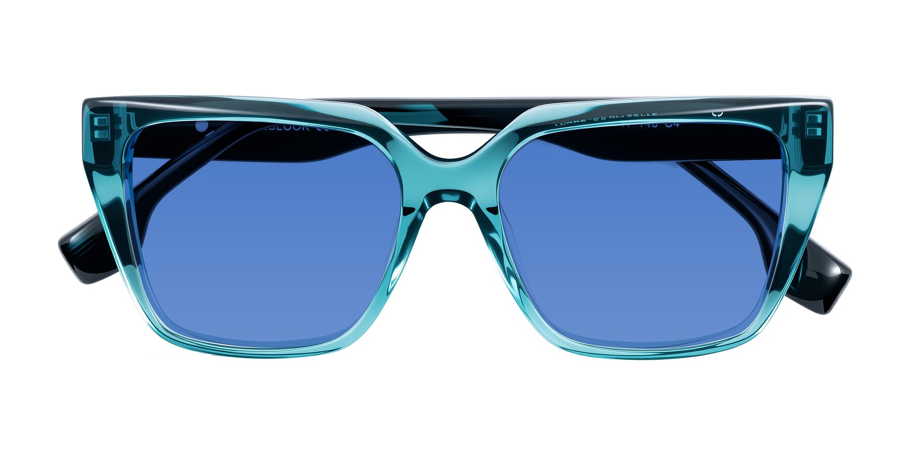 Folded Front of Gwee in Blue/Teal Striped with Blue Tinted Lenses