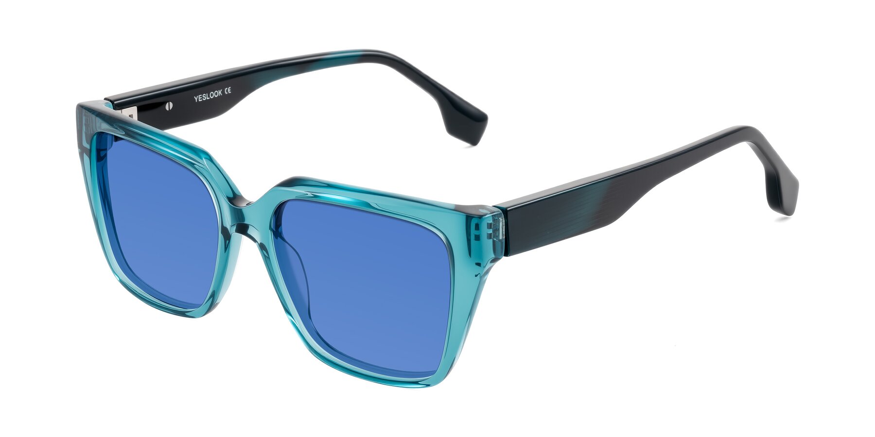 Angle of Gwee in Blue/Teal Striped with Blue Tinted Lenses