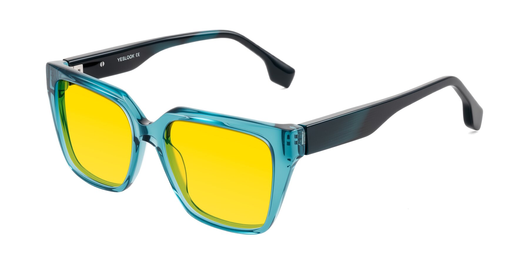 Angle of Gwee in Blue/Teal Striped with Yellow Tinted Lenses