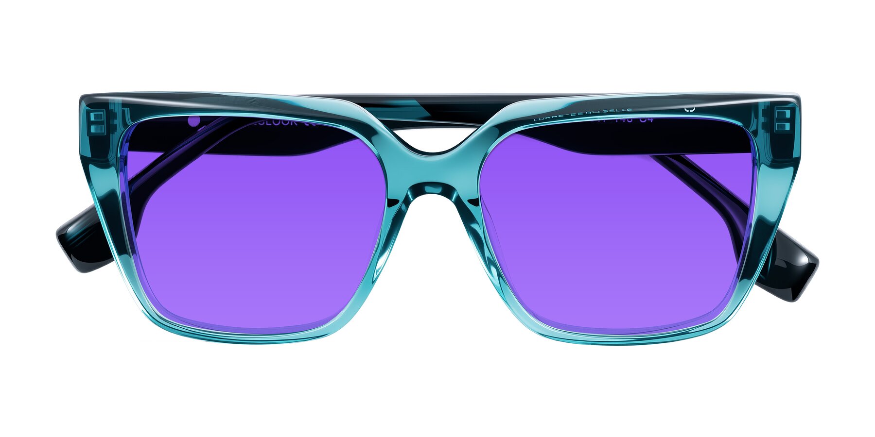 Folded Front of Gwee in Blue/Teal Striped with Purple Tinted Lenses