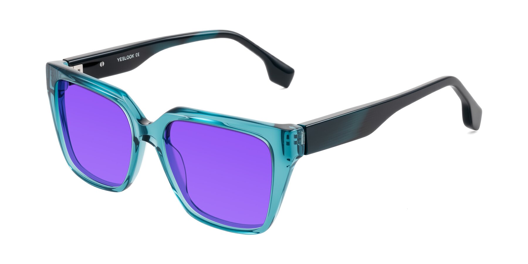 Angle of Gwee in Blue/Teal Striped with Purple Tinted Lenses
