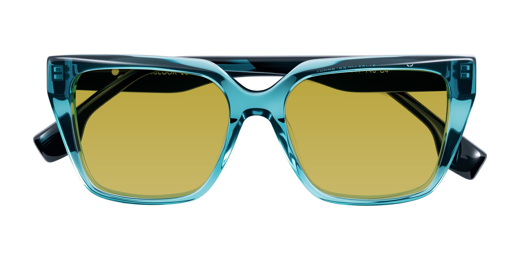 Folded Front of Gwee in Blue/Teal Striped with Champagne Tinted Lenses