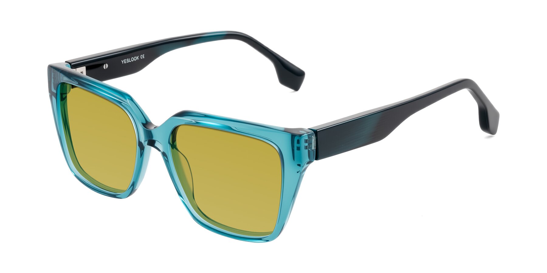 Angle of Gwee in Blue/Teal Striped with Champagne Tinted Lenses