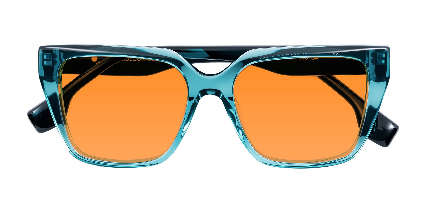 Folded Front of Gwee in Blue/Teal Striped with Orange Tinted Lenses