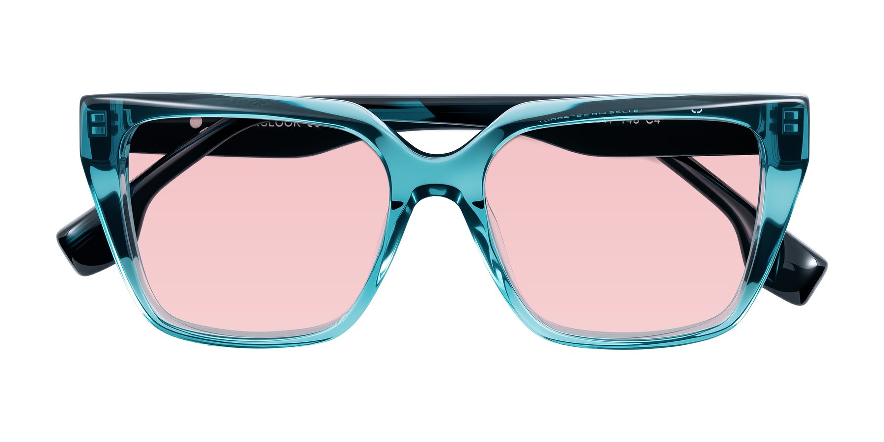 Folded Front of Gwee in Blue/Teal Striped with Light Garnet Tinted Lenses