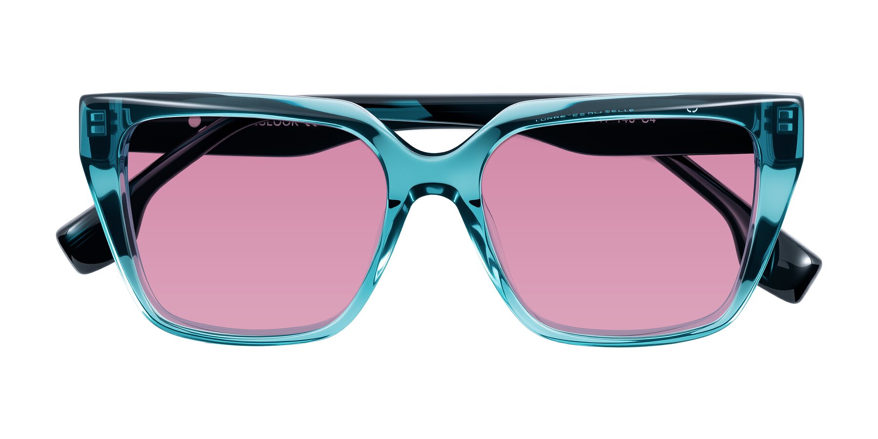 Folded Front of Gwee in Blue/Teal Striped with Medium Wine Tinted Lenses
