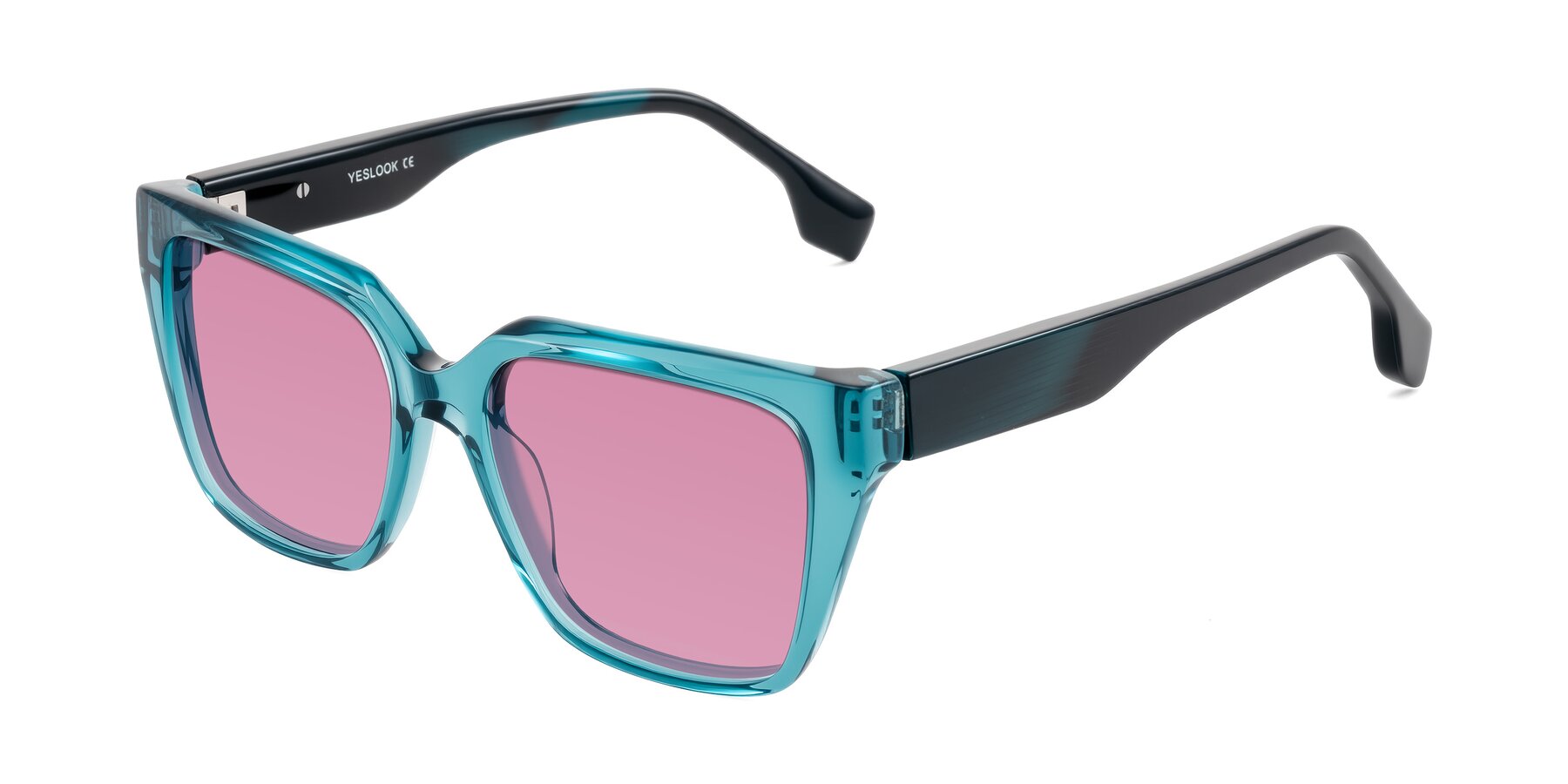 Angle of Gwee in Blue/Teal Striped with Medium Wine Tinted Lenses
