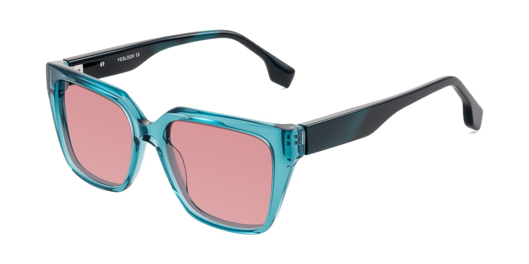 Angle of Gwee in Blue/Teal Striped with Medium Garnet Tinted Lenses