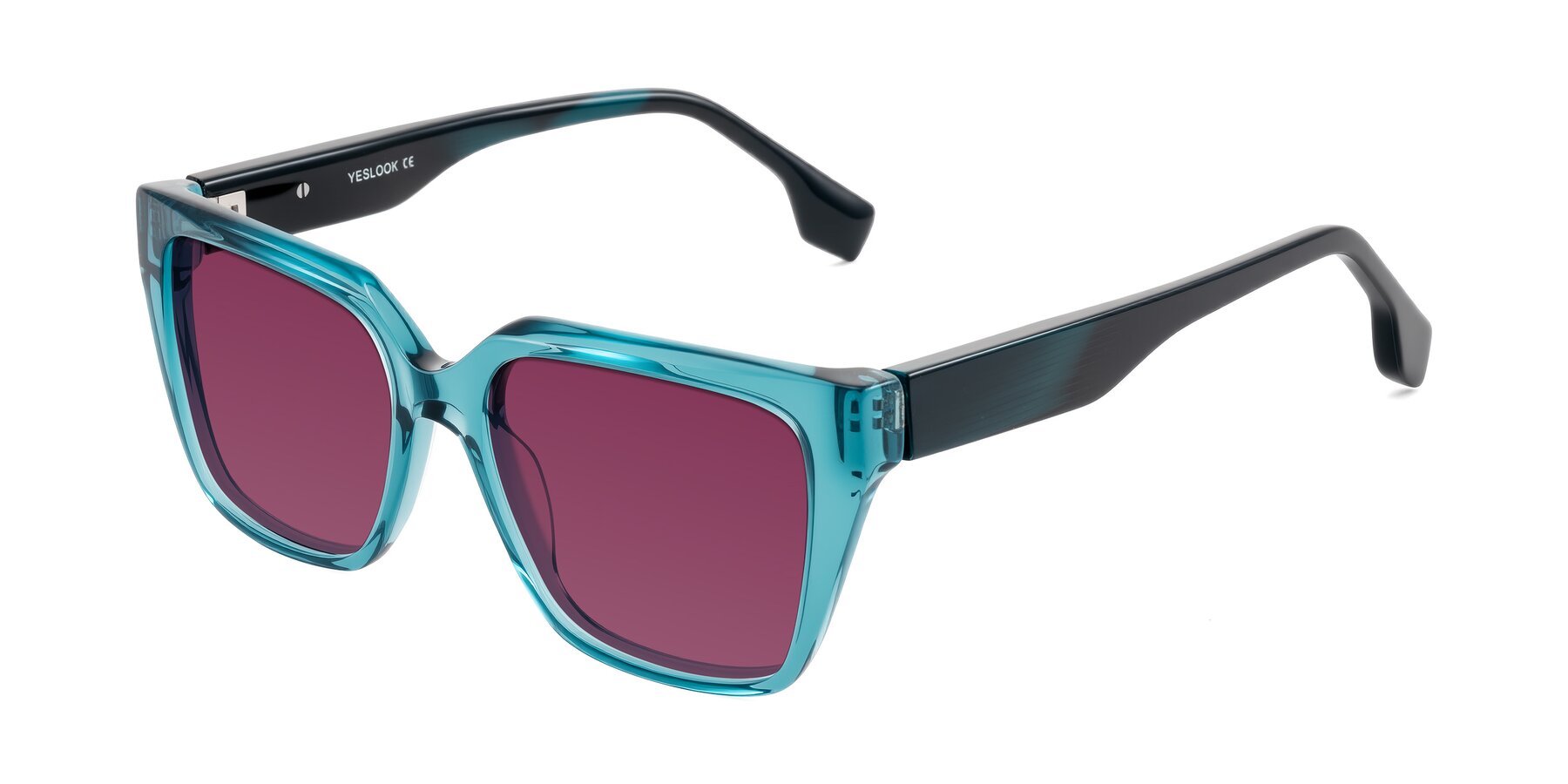 Angle of Gwee in Blue/Teal Striped with Wine Tinted Lenses