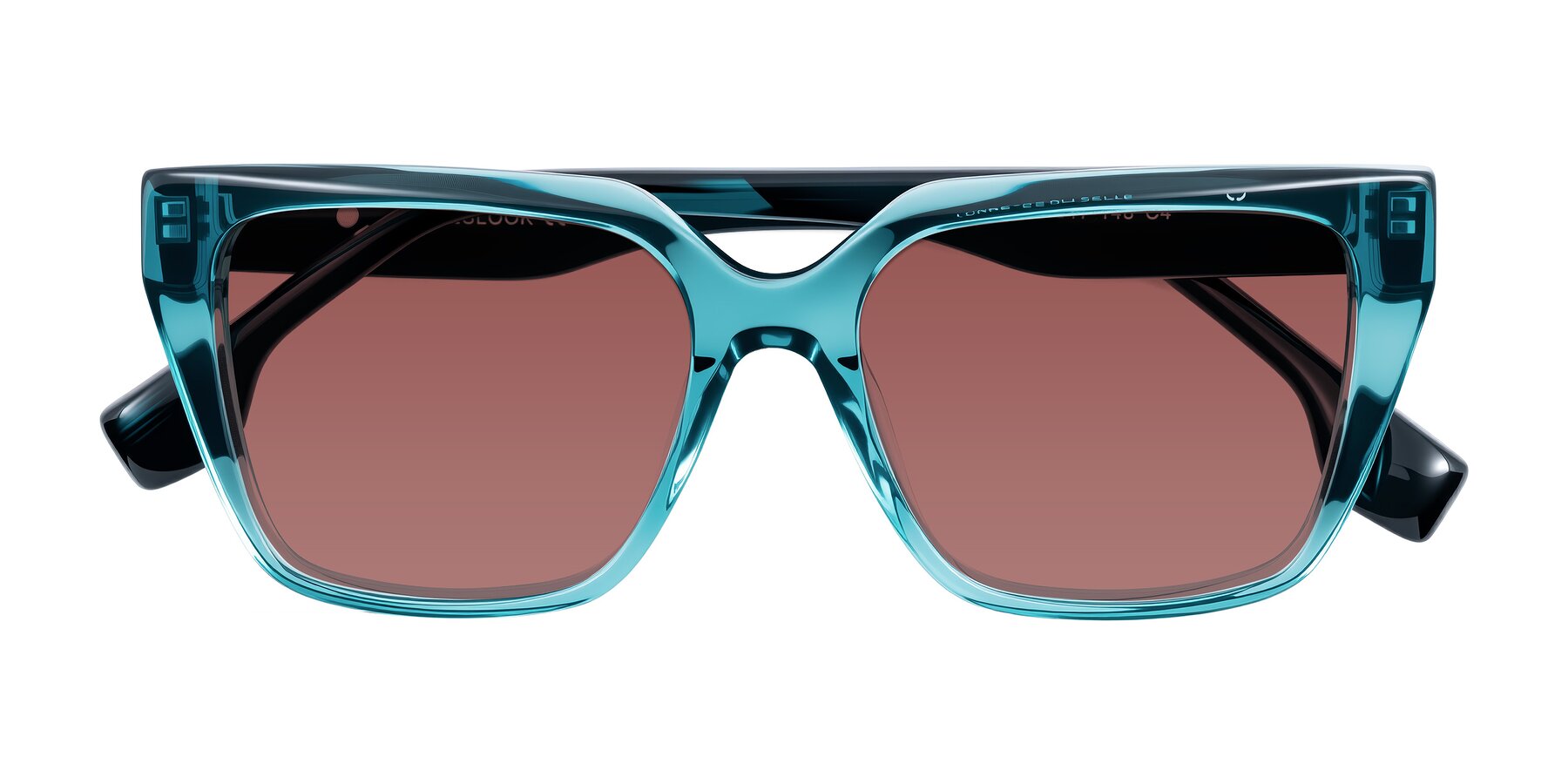 Folded Front of Gwee in Blue/Teal Striped with Garnet Tinted Lenses