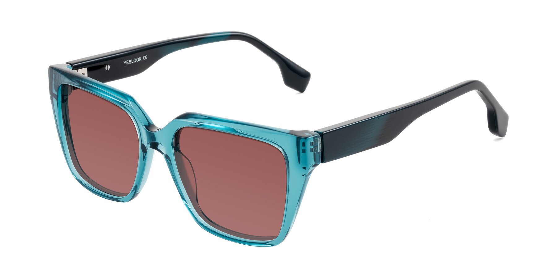 Angle of Gwee in Blue/Teal Striped with Garnet Tinted Lenses