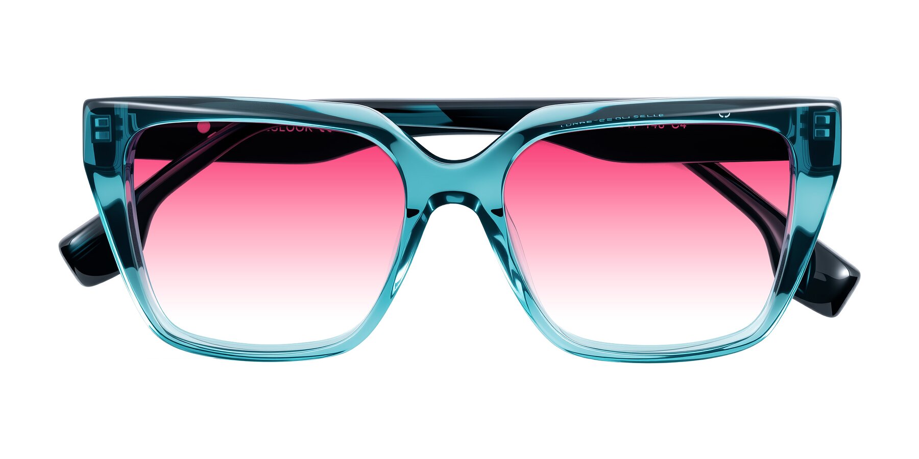 Folded Front of Gwee in Blue/Teal Striped with Pink Gradient Lenses