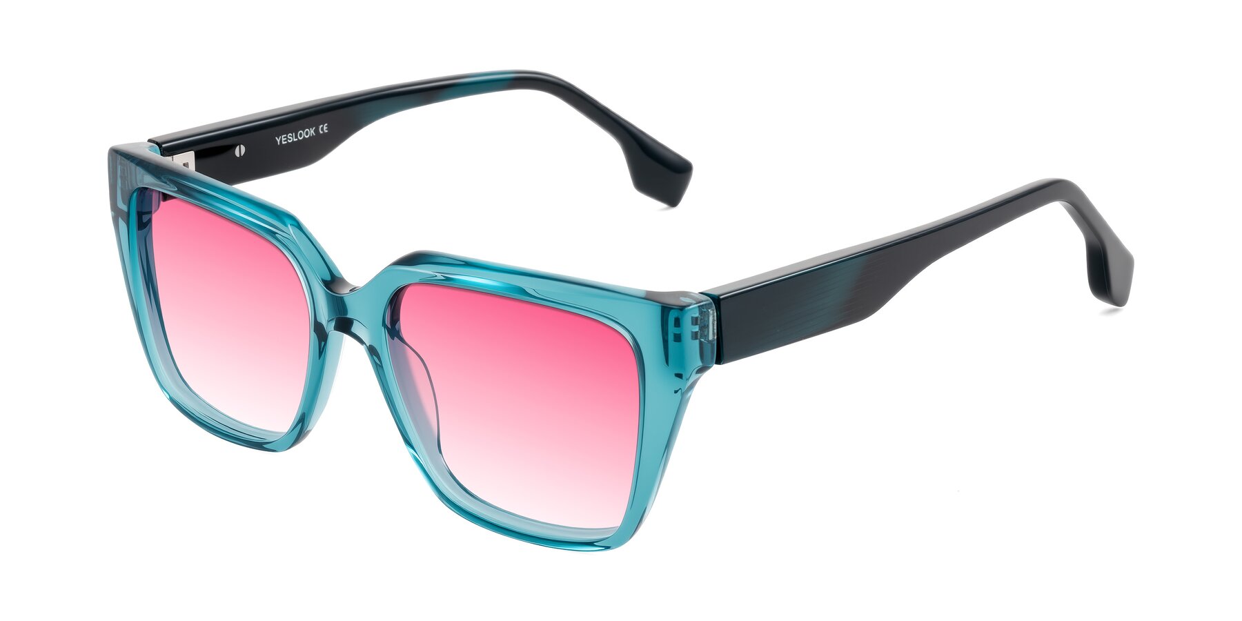Angle of Gwee in Blue/Teal Striped with Pink Gradient Lenses