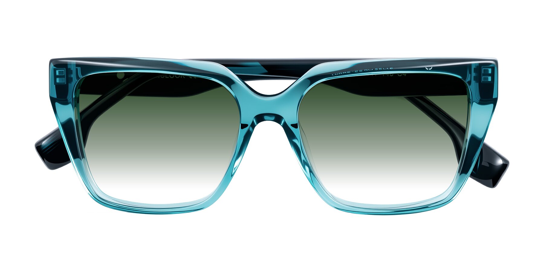 Folded Front of Gwee in Blue/Teal Striped with Green Gradient Lenses