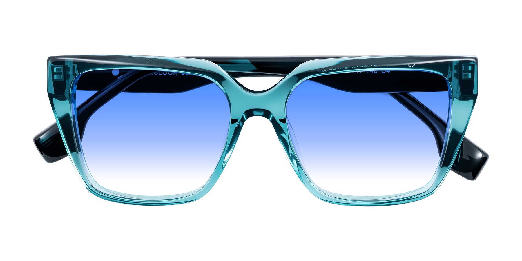 Folded Front of Gwee in Blue/Teal Striped with Blue Gradient Lenses