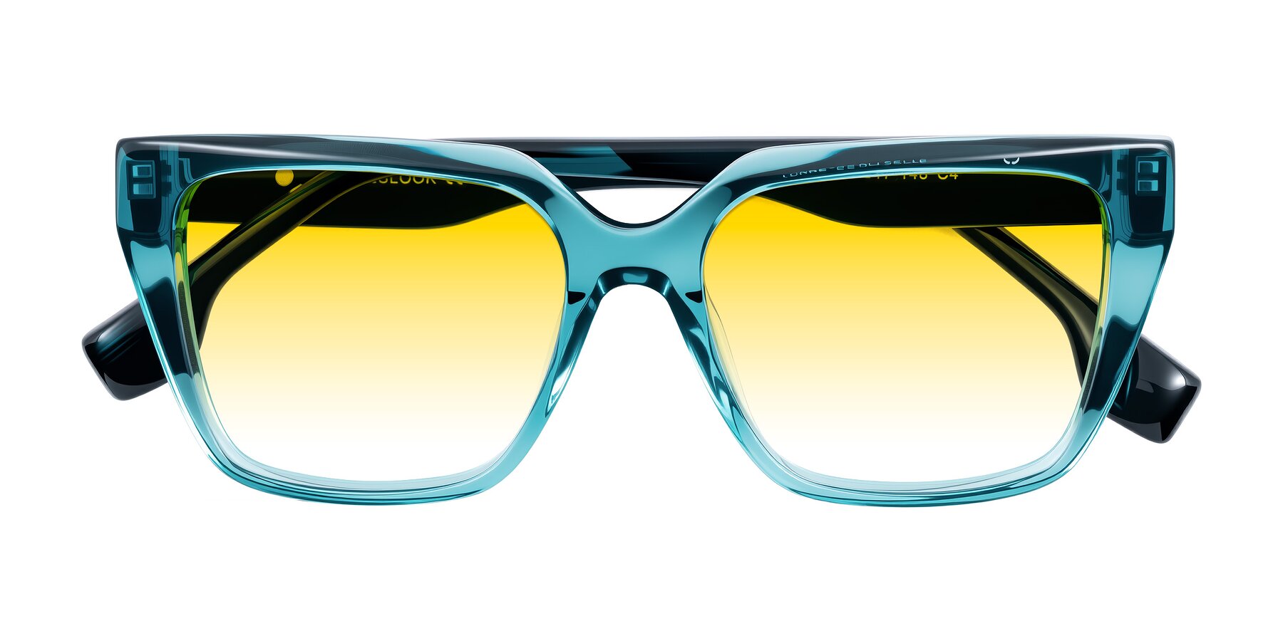 Folded Front of Gwee in Blue/Teal Striped with Yellow Gradient Lenses