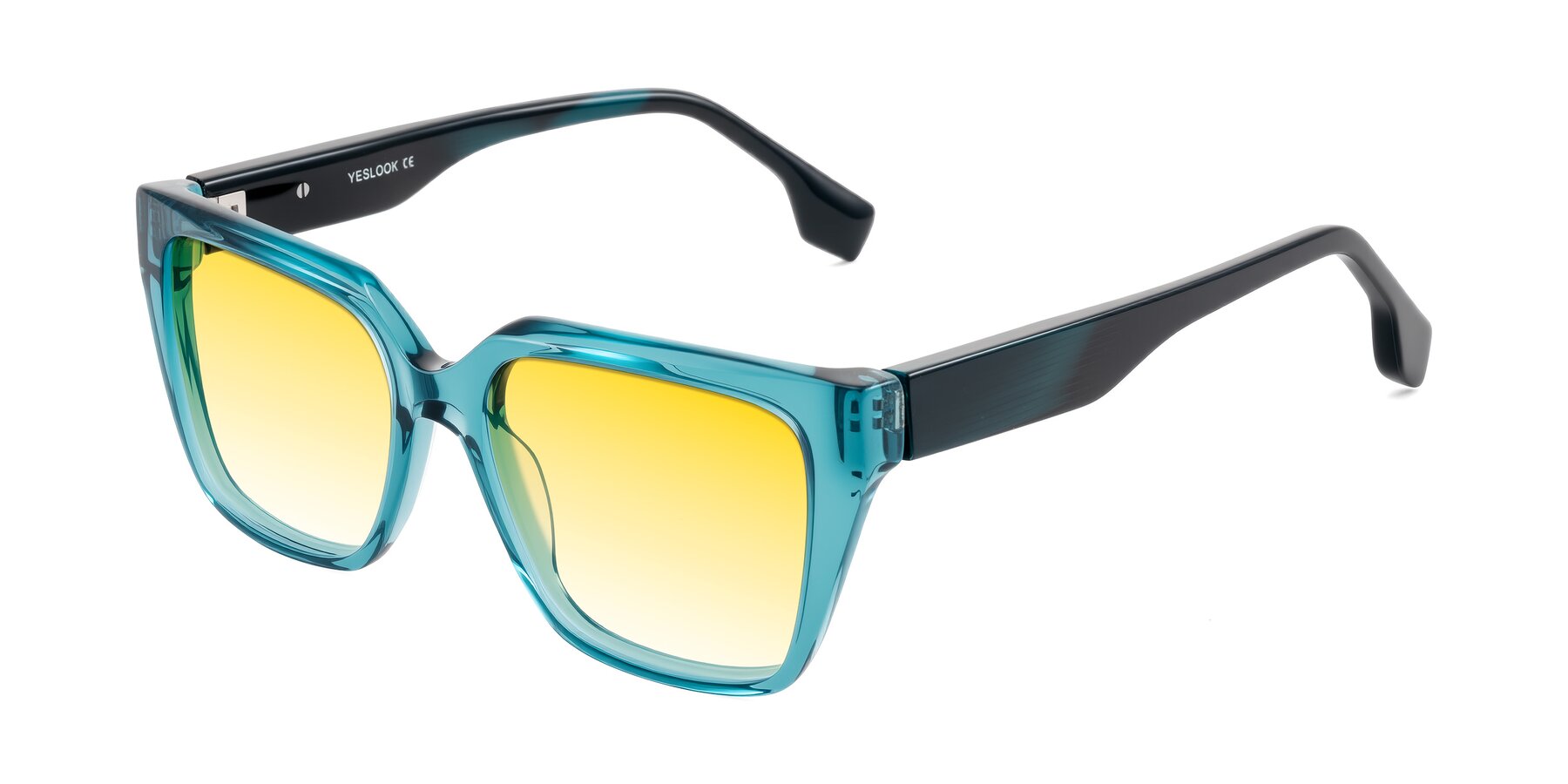 Angle of Gwee in Blue/Teal Striped with Yellow Gradient Lenses